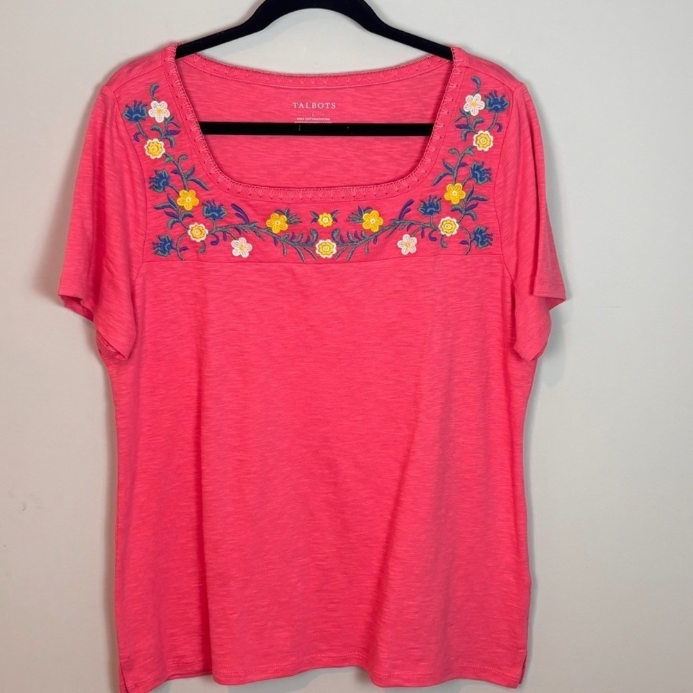 Talbots Womens 100% Cotton Pink Floral Embroidered Short Sleeve Blouse sz Large